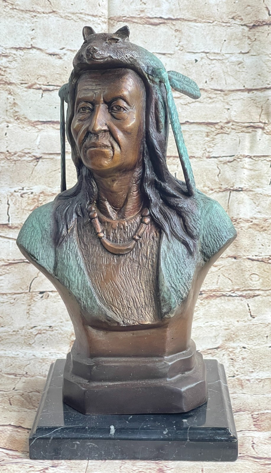 American Indian Warrior Chief Bronze Sculpture But Special Color Patina Statue