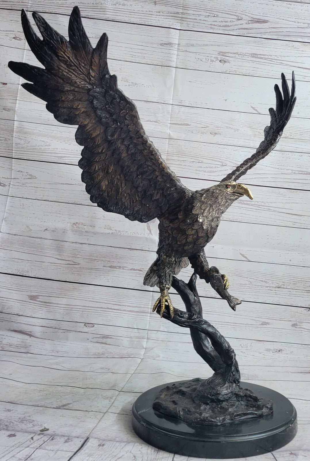 Flying Fishing Bald Eagle Military Art American Patriotic Bronze Marble Statue