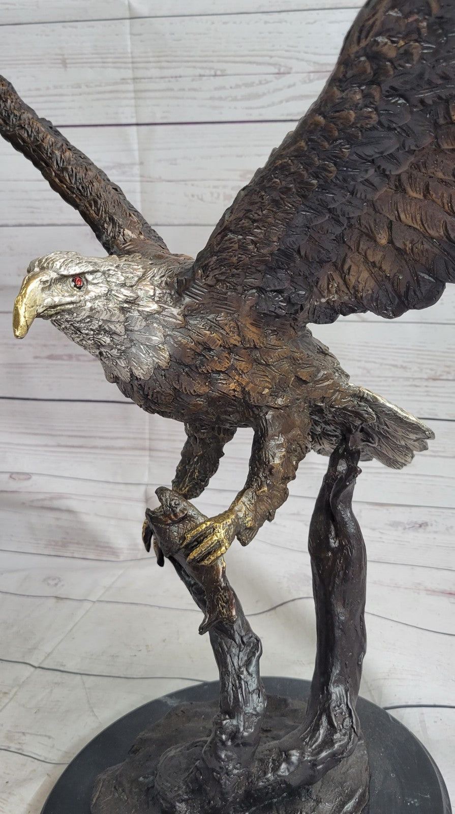 Flying Fishing Bald Eagle Military Art American Patriotic Bronze Marble Statue