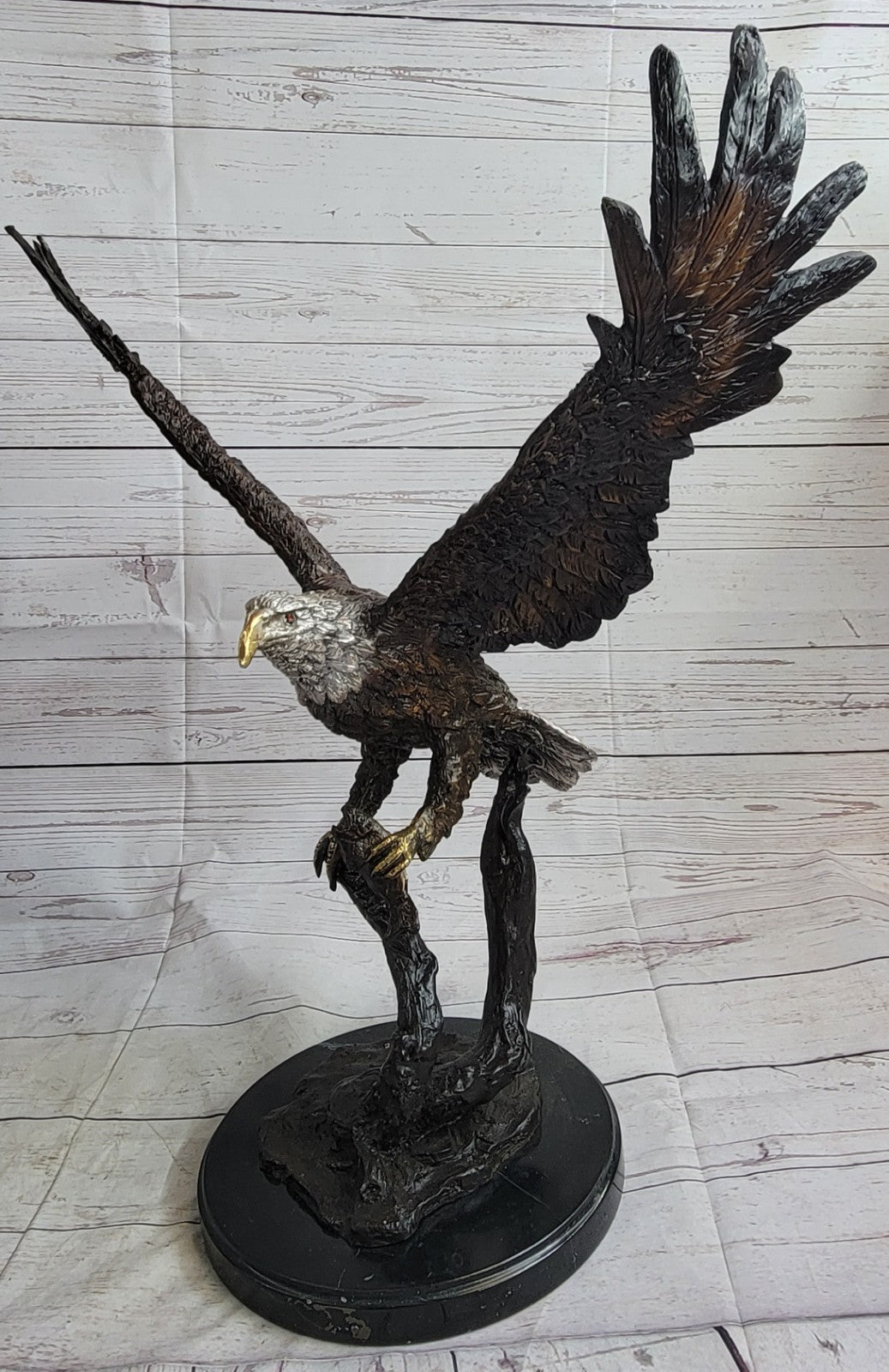 Flying Fishing Bald Eagle Military Art American Patriotic Bronze Marble Statue