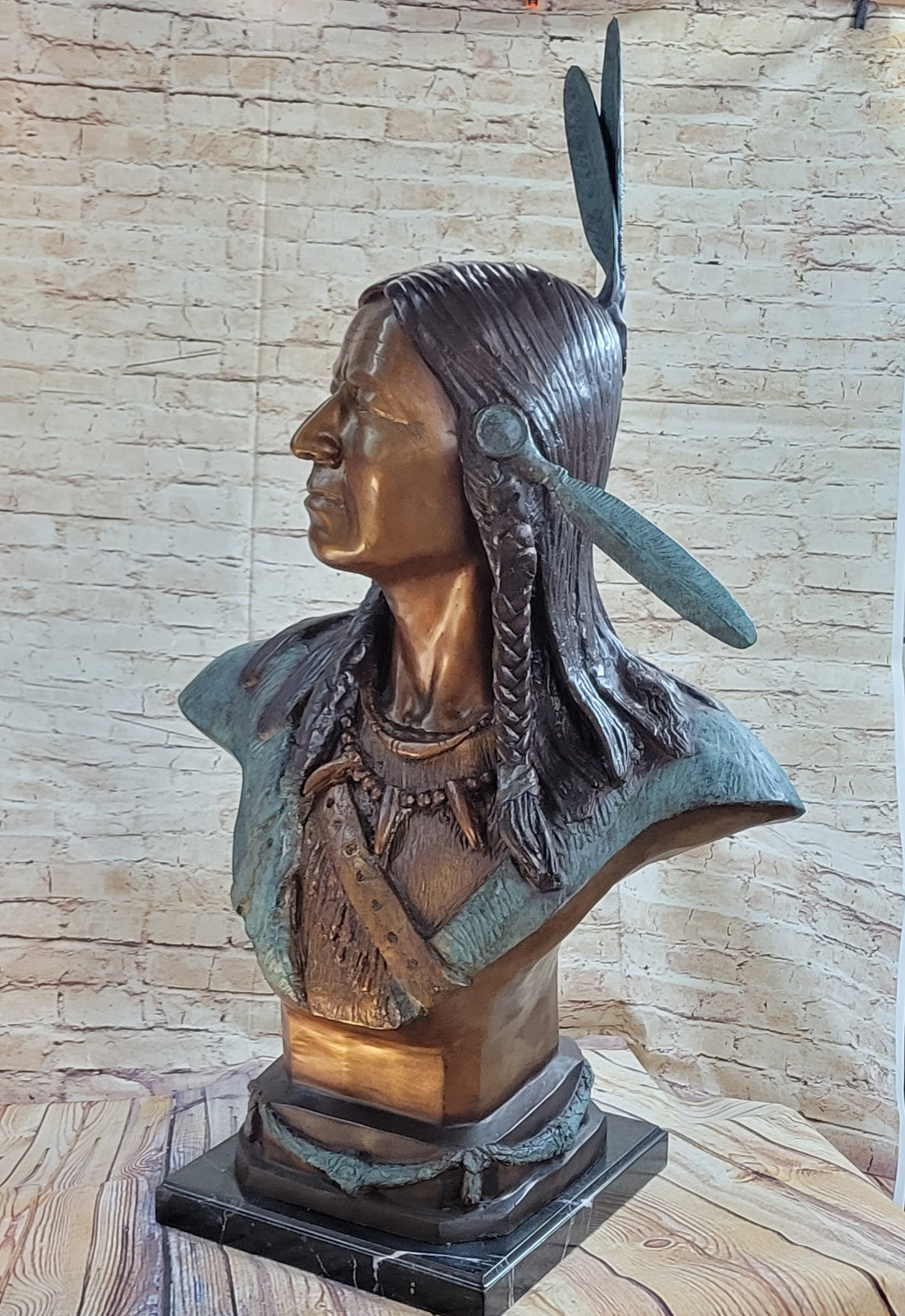 LIFE SIZE BUST INDIAN CHIEF BRONZE STATUE BY RUSSELLE HOT CAST MARBLE FIGURINE