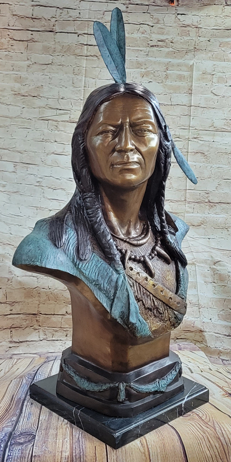 LIFE SIZE BUST INDIAN CHIEF BRONZE STATUE BY RUSSELLE HOT CAST MARBLE FIGURINE