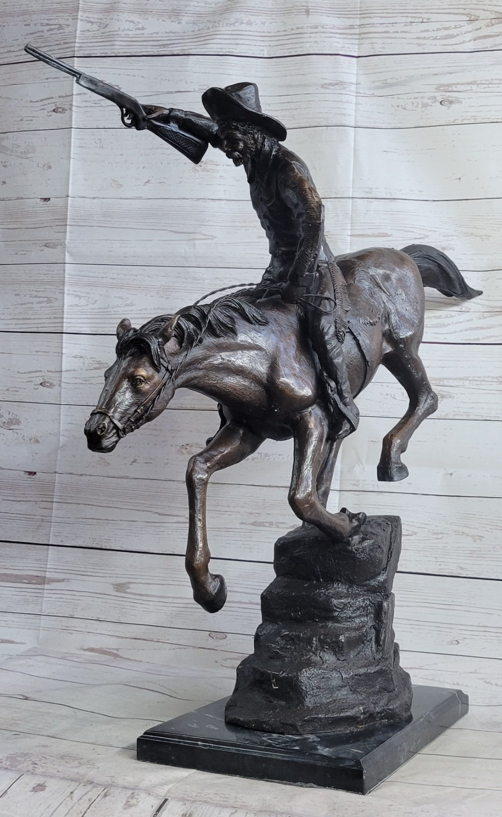 LARGE COWBOY WITH HORSE BRONZE SCULPTURE WESTERN ART REMINGTON FIGURINE DECOR