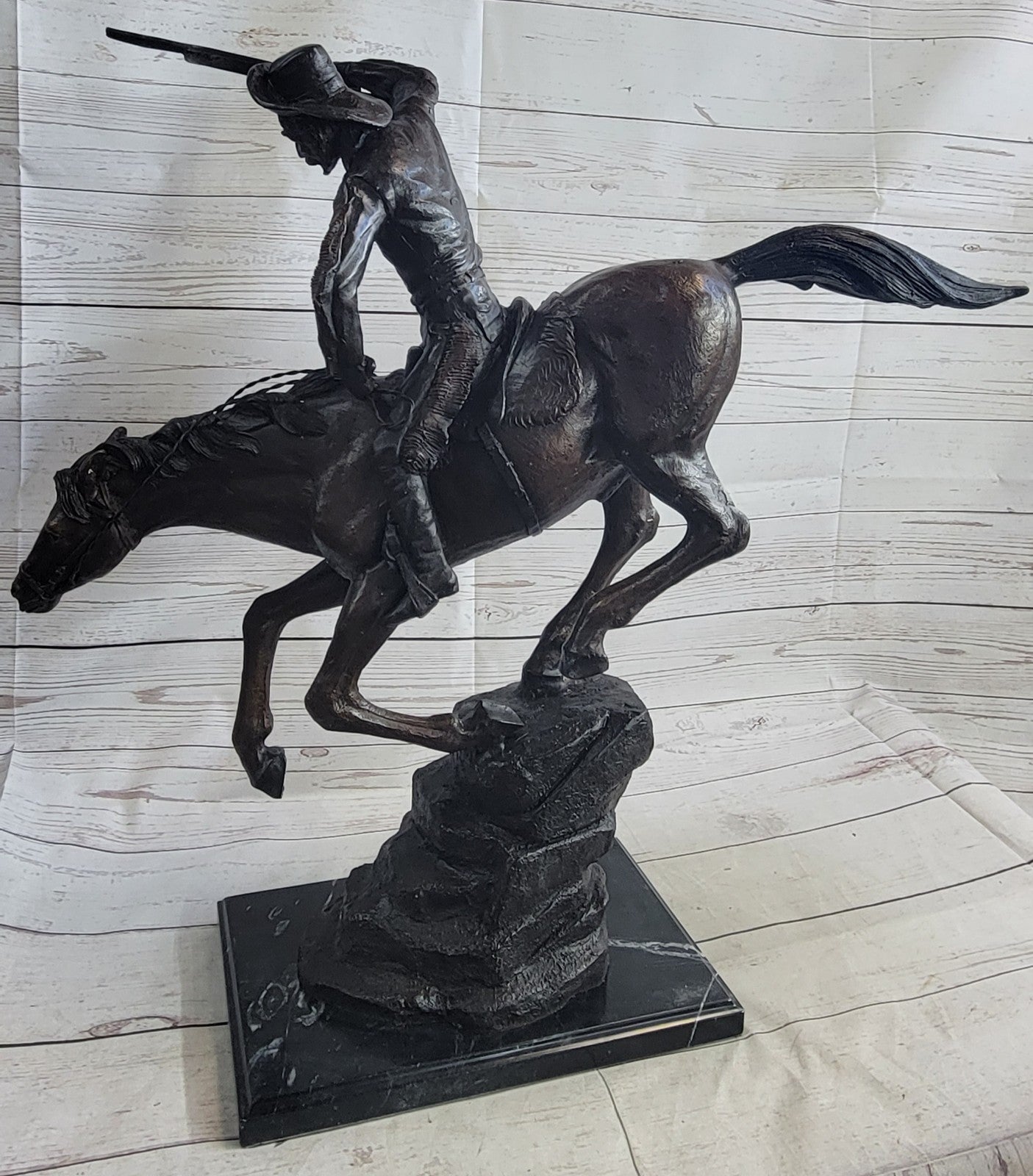 LARGE COWBOY WITH HORSE BRONZE SCULPTURE WESTERN ART REMINGTON FIGURINE DECOR