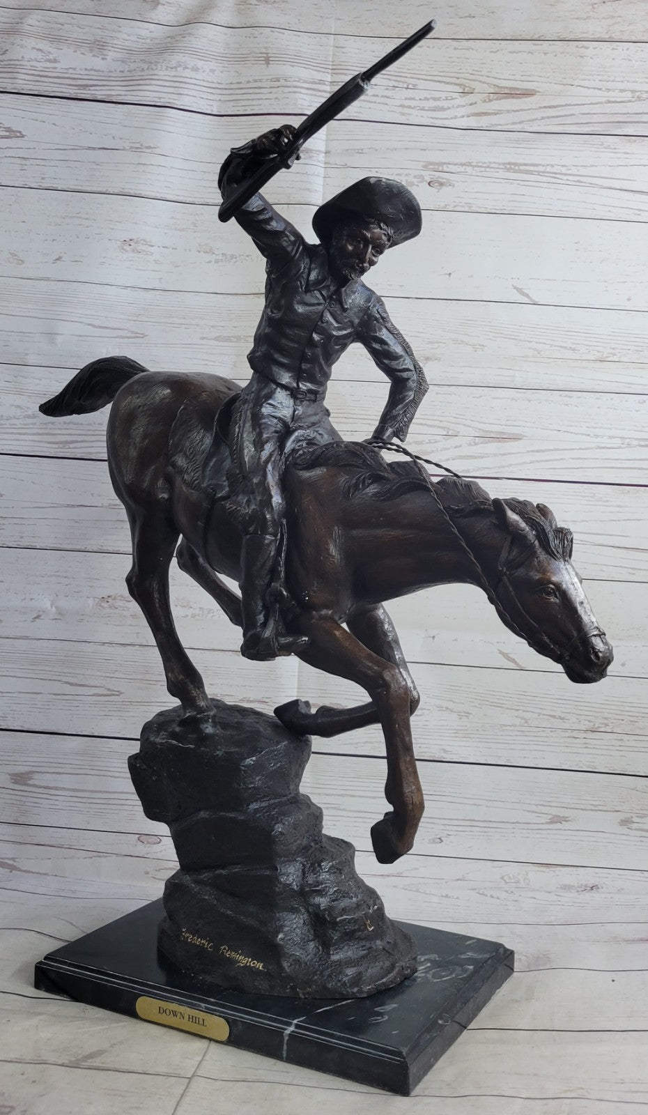 LARGE COWBOY WITH HORSE BRONZE SCULPTURE WESTERN ART REMINGTON FIGURINE DECOR