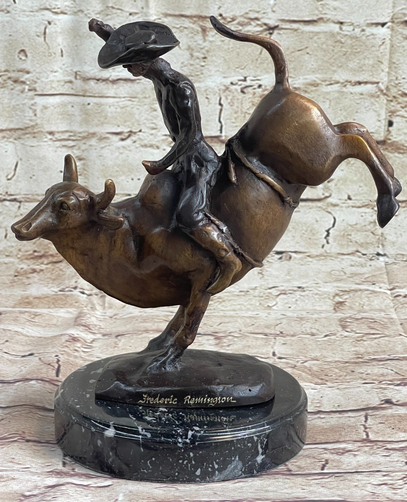 Bronze Marble Statue Rodeo Western Cowboy Bull Rodeo Rider Figurine