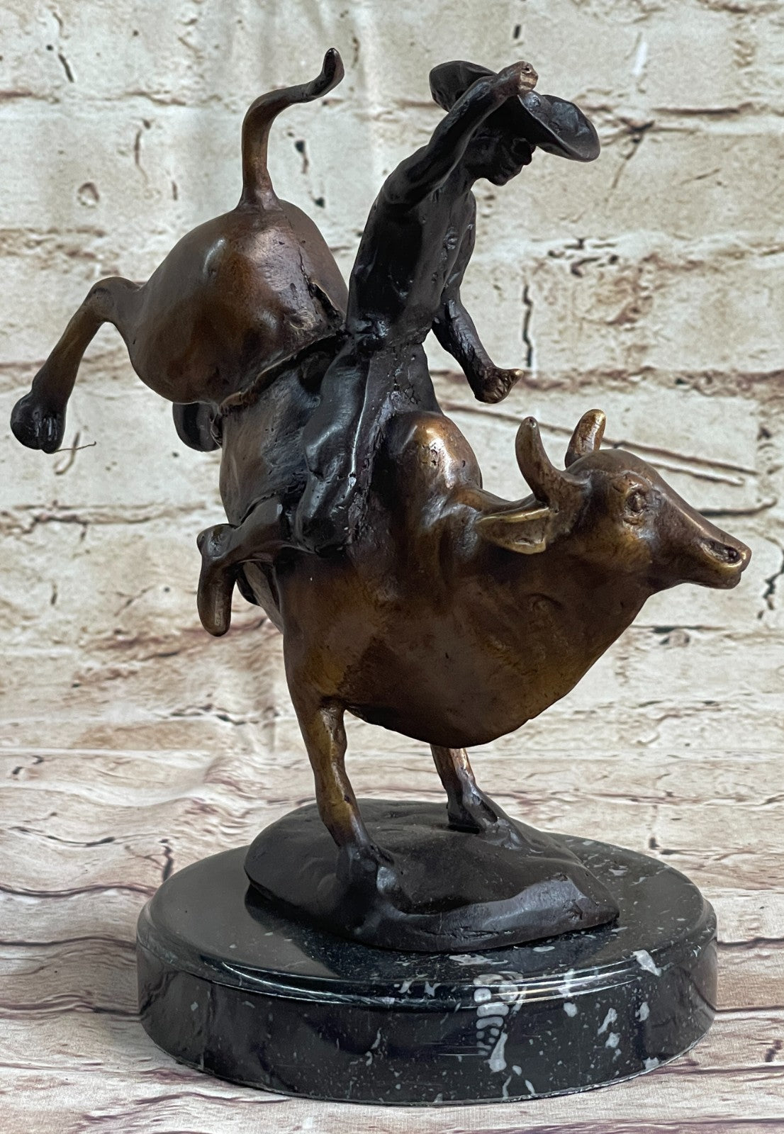 Bronze Marble Statue Rodeo Western Cowboy Bull Rodeo Rider Figurine