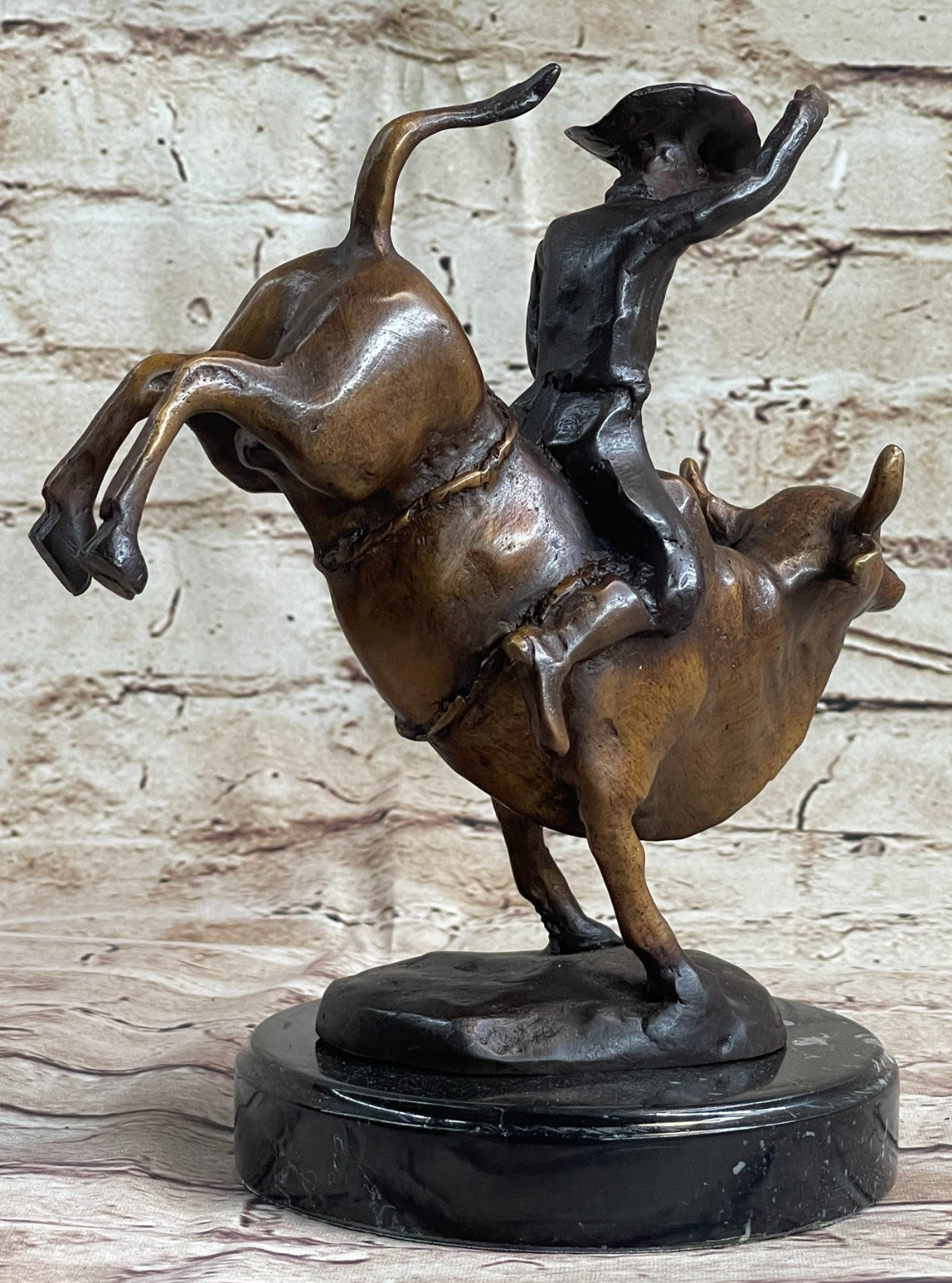 Bronze Marble Statue Rodeo Western Cowboy Bull Rodeo Rider Figurine