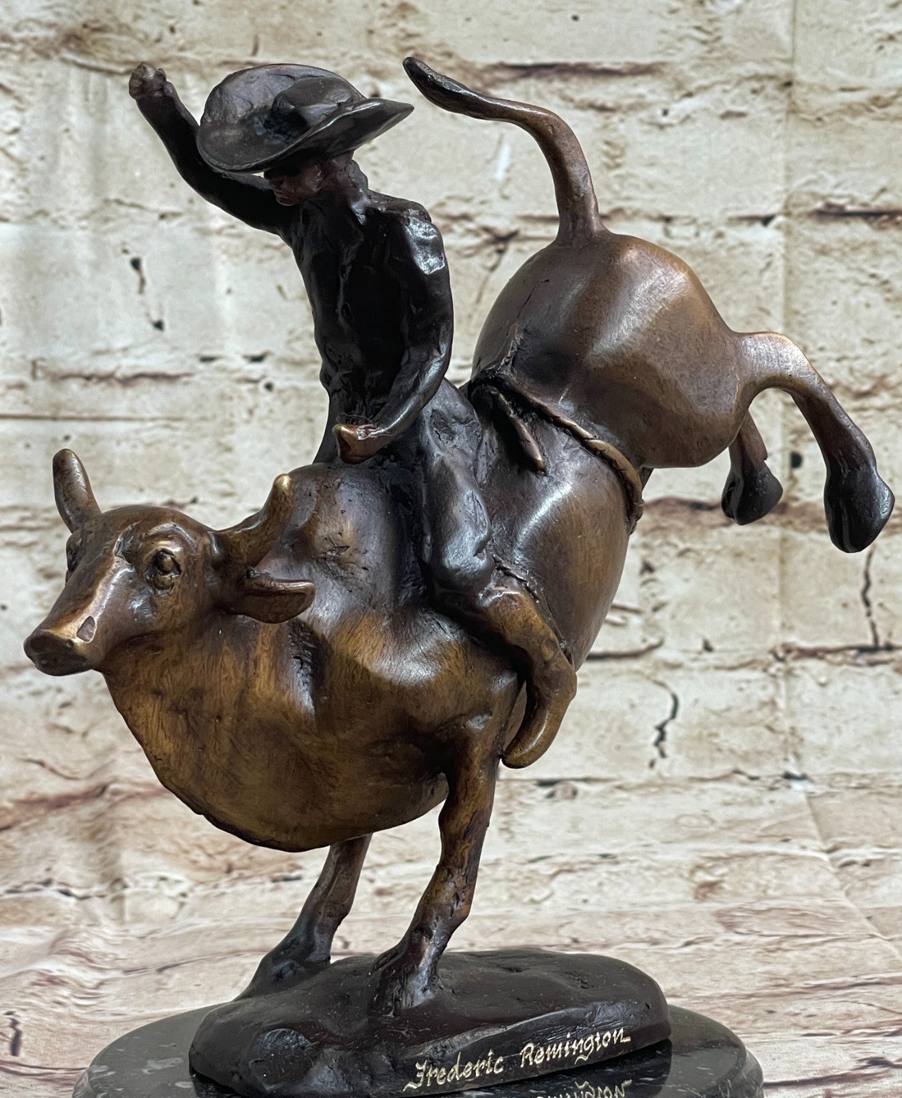 Bronze Marble Statue Rodeo Western Cowboy Bull Rodeo Rider Figurine