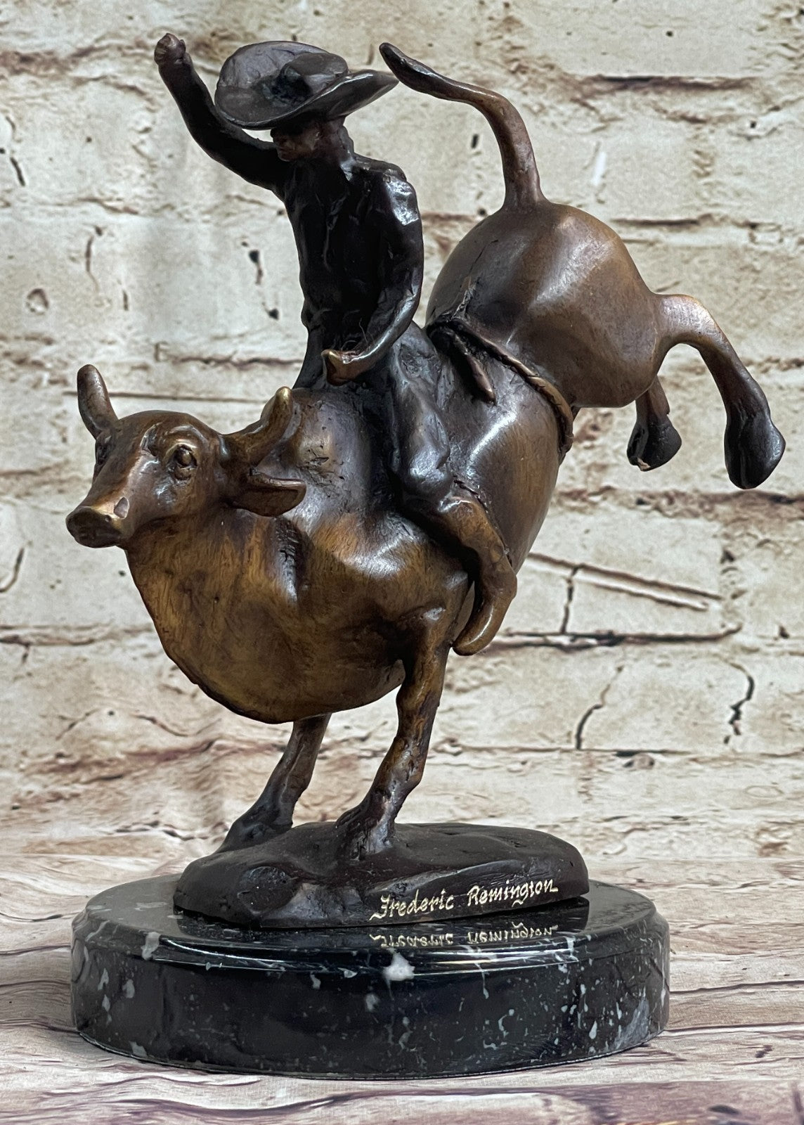 Bronze Marble Statue Rodeo Western Cowboy Bull Rodeo Rider Figurine