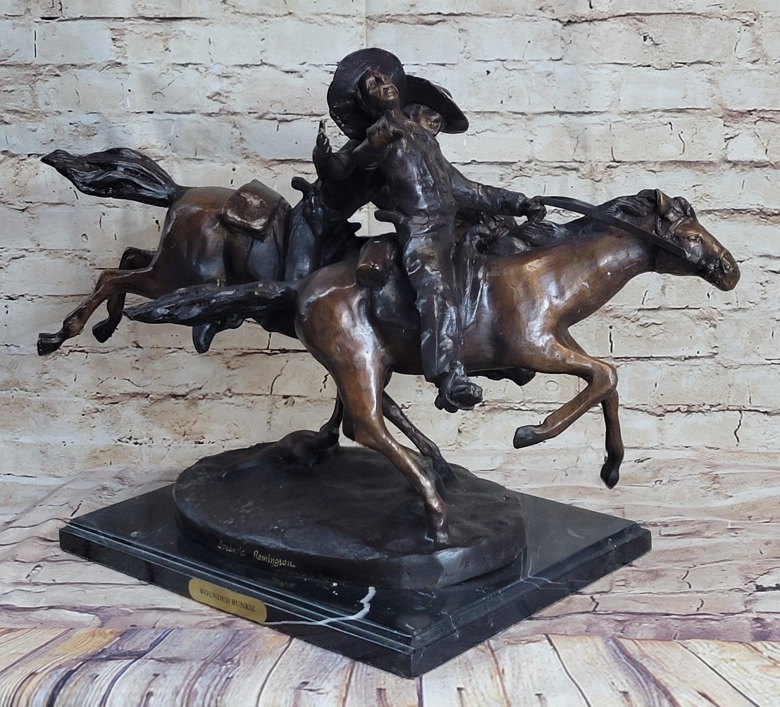 Horse Cowboy Western Bunkie Wounded Remington Bronze Sculpture Statue Figure