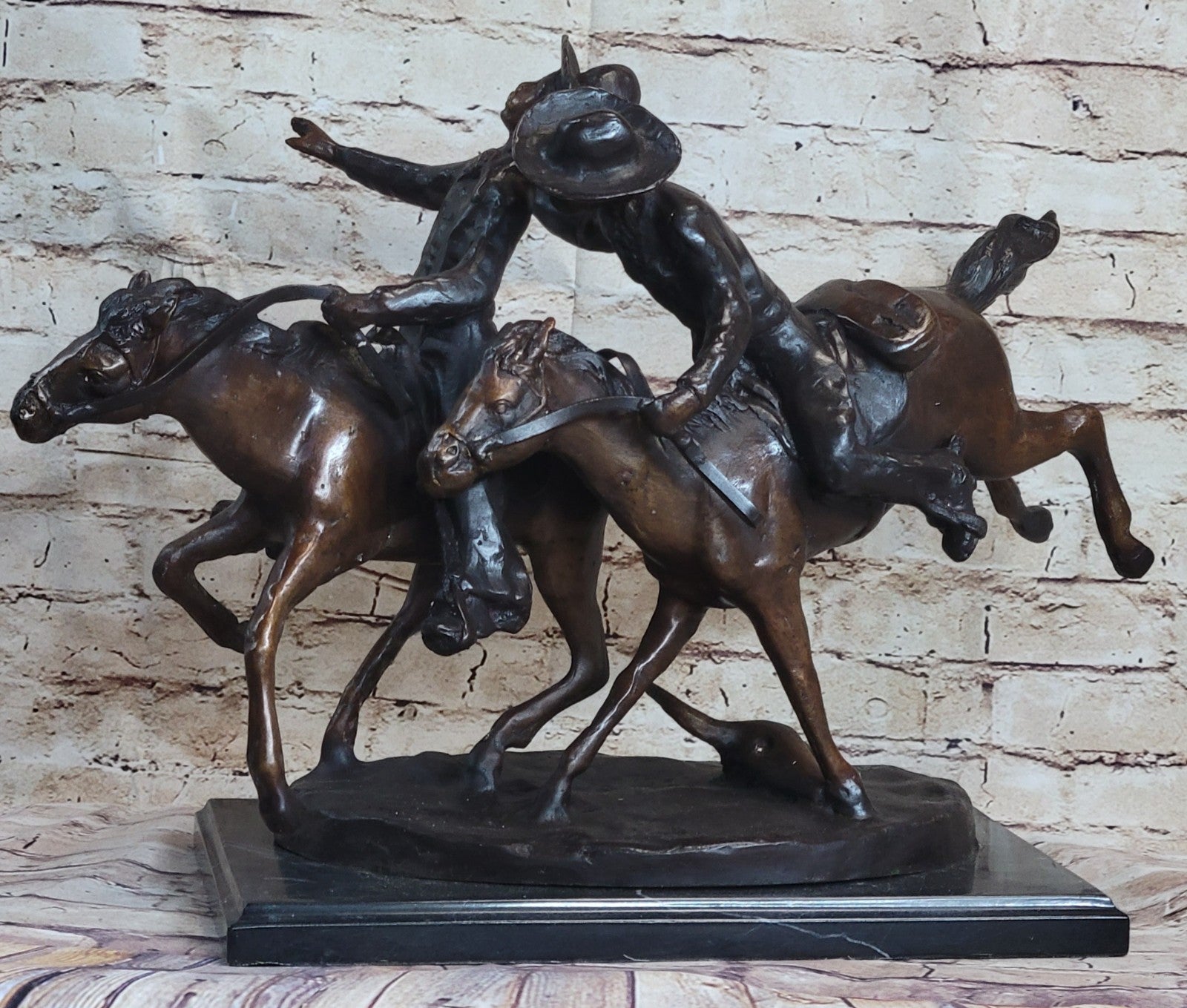 Horse Cowboy Western Bunkie Wounded Remington Bronze Sculpture Statue Figure