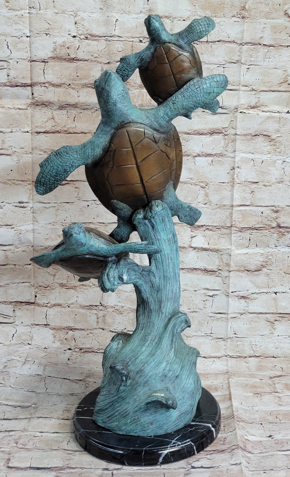 Swimming Sea Turtles Bronze Sculpture, Special Patina Finish Figurine