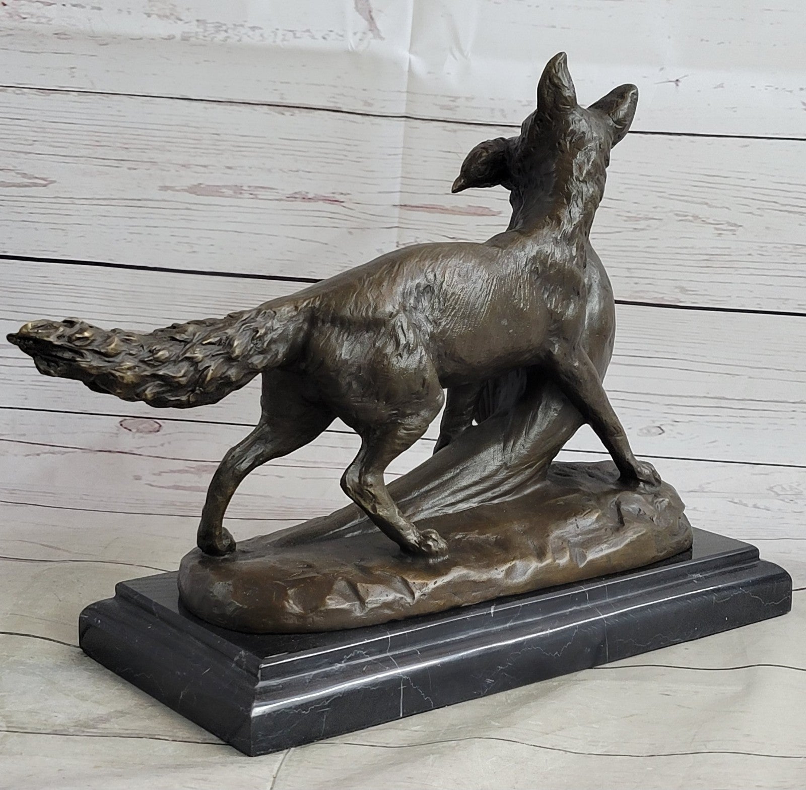 Art Deco Hand Made Hunting Dog with Bird on Marble Base Bronze Statue Figure