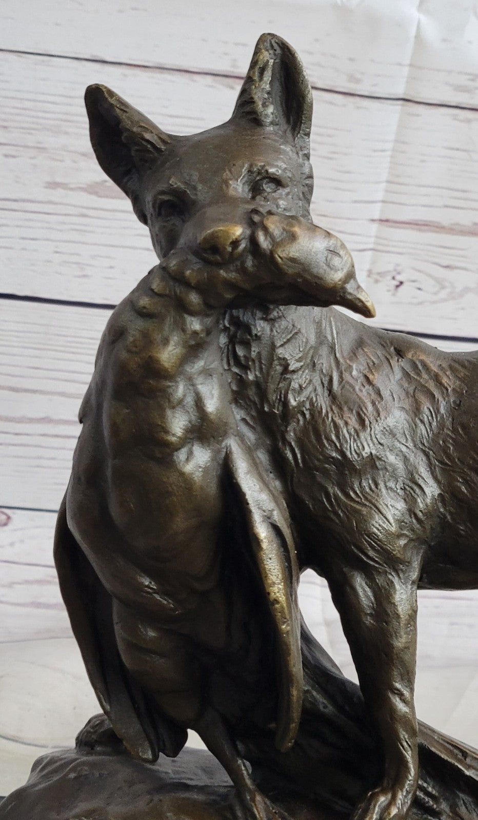 Art Deco Hand Made Hunting Dog with Bird on Marble Base Bronze Statue Figure