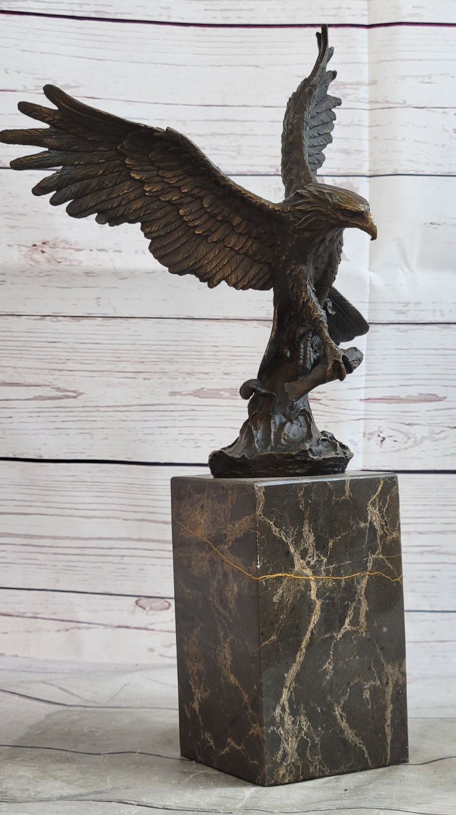 Lake Rights" Bronze Statue of Eagle on Branch with Fish Figurine Marble Base