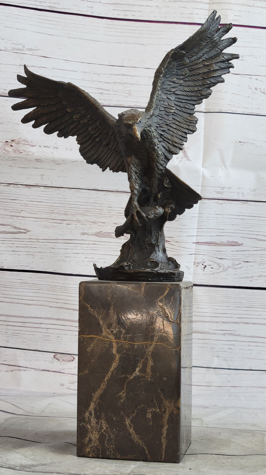 Lake Rights" Bronze Statue of Eagle on Branch with Fish Figurine Marble Base