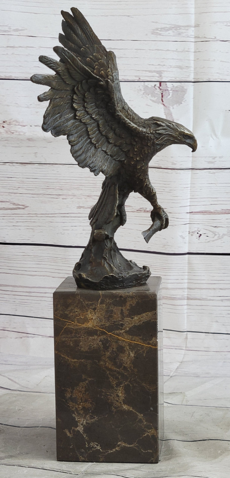 Lake Rights" Bronze Statue of Eagle on Branch with Fish Figurine Marble Base