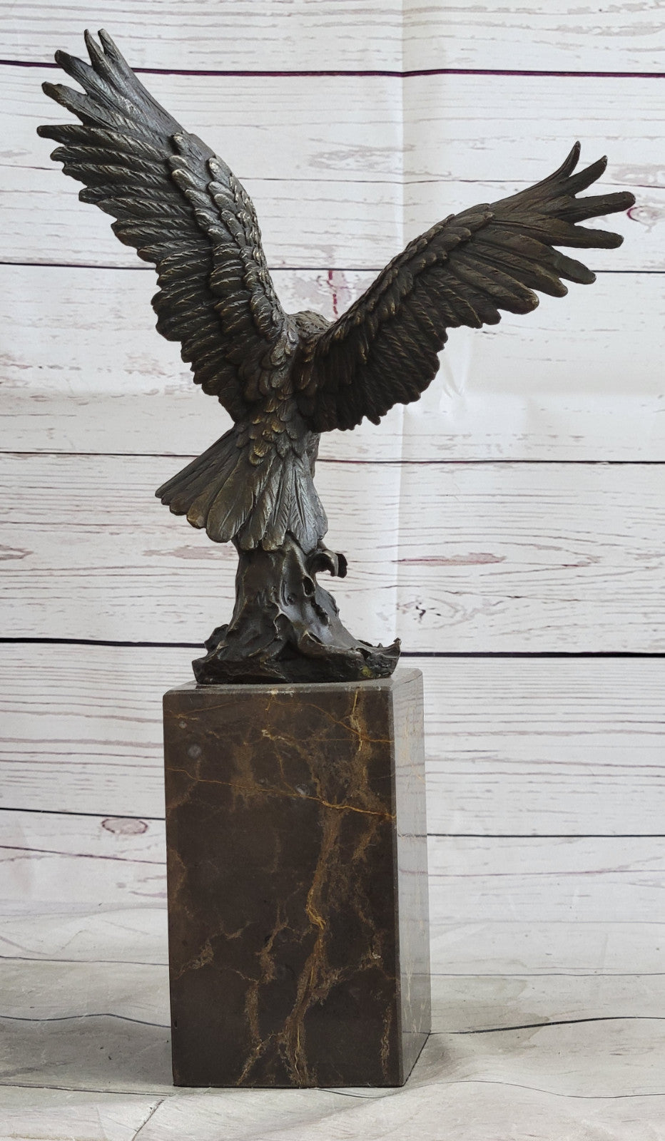 Lake Rights" Bronze Statue of Eagle on Branch with Fish Figurine Marble Base