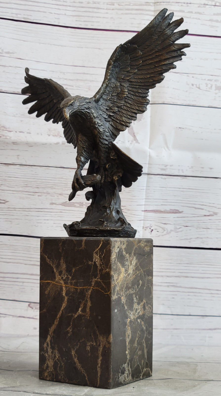 Lake Rights" Bronze Statue of Eagle on Branch with Fish Figurine Marble Base