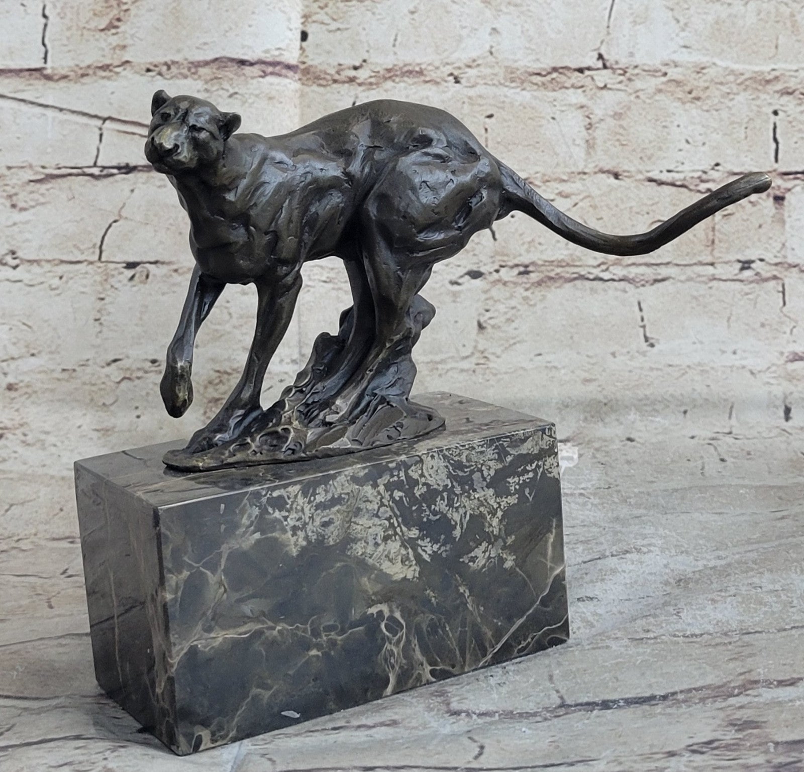 Art Deco Hand Made by Lost Wax Cougar Wildlife Animal Bronze Statue Figure