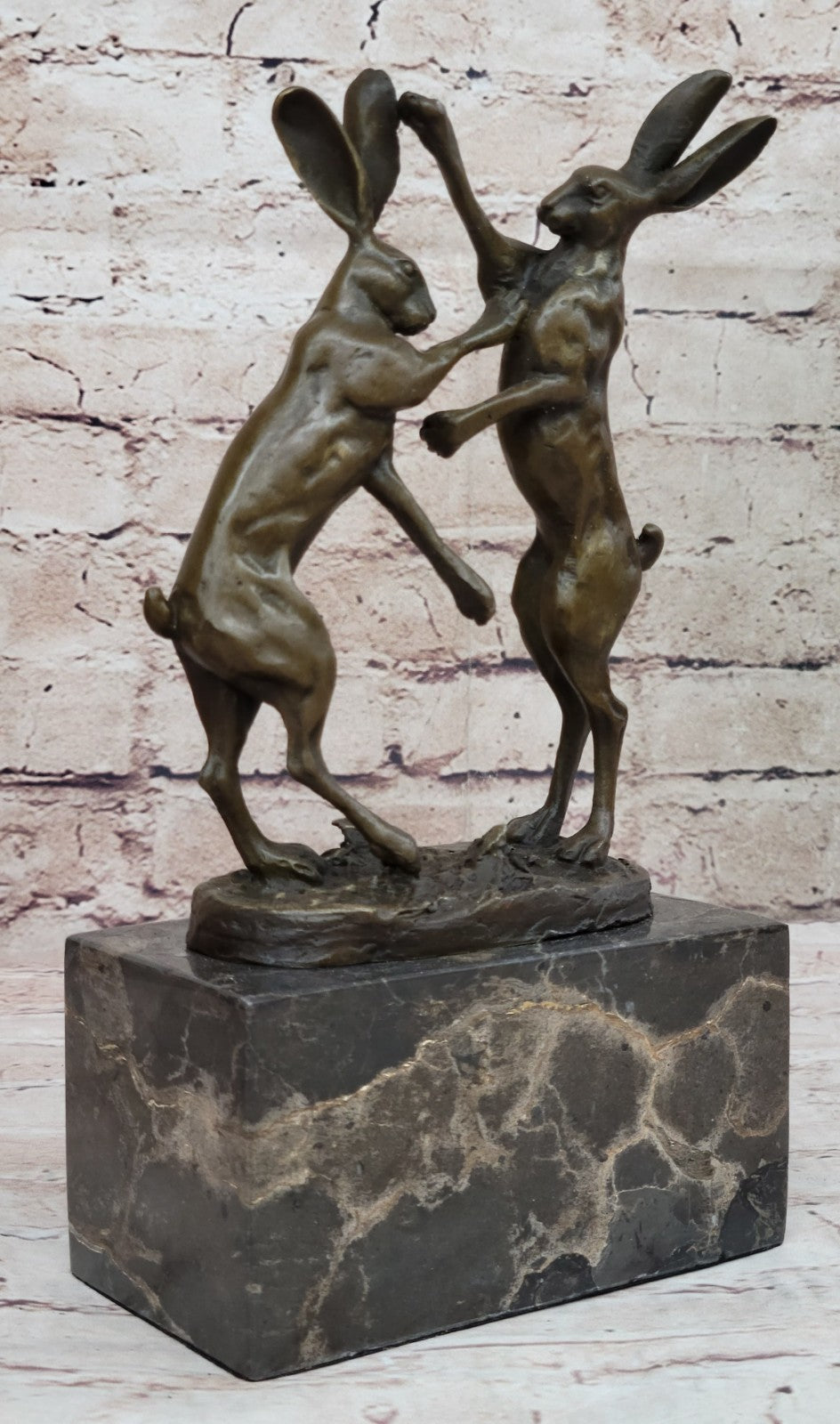 Art Deco Championship between Two Hare Bronze Sculpture Marble Statue Figurine