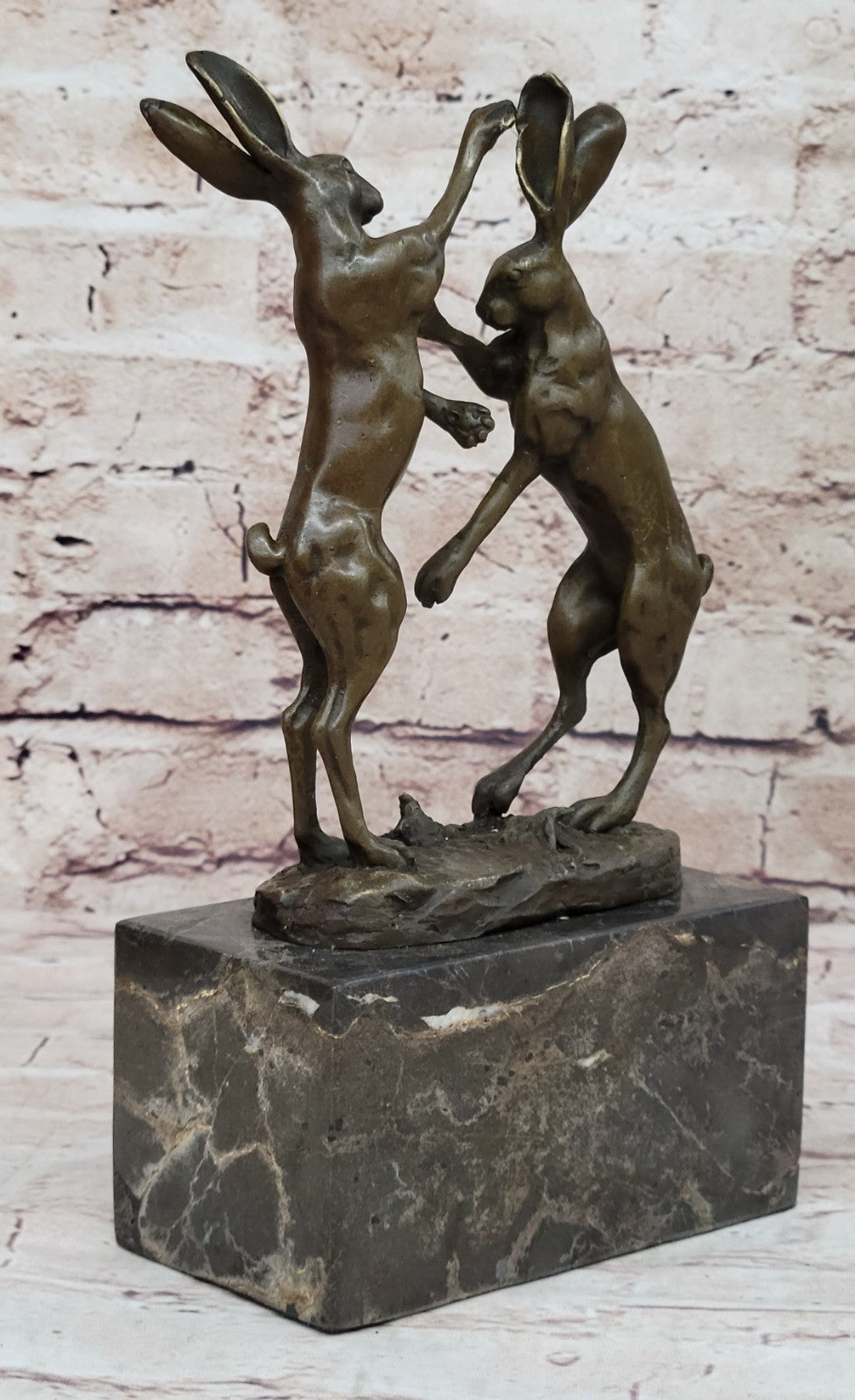 Art Deco Championship between Two Hare Bronze Sculpture Marble Statue Figurine