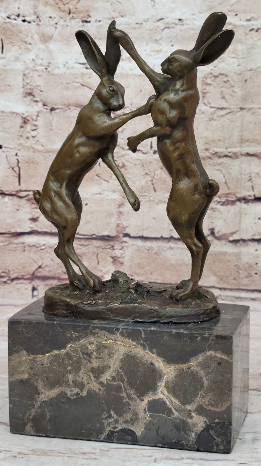 Art Deco Championship between Two Hare Bronze Sculpture Marble Statue Figurine