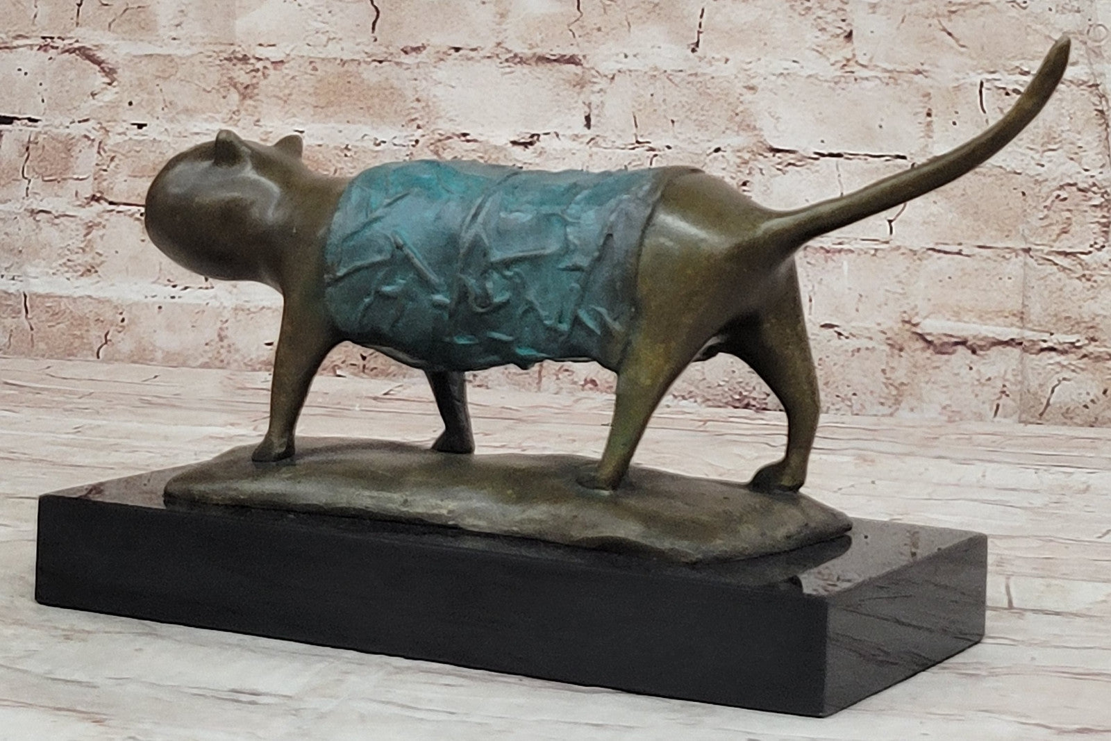 Botero Inspired Bronze Cat Sculpture with Exclusive Patina Finish Art