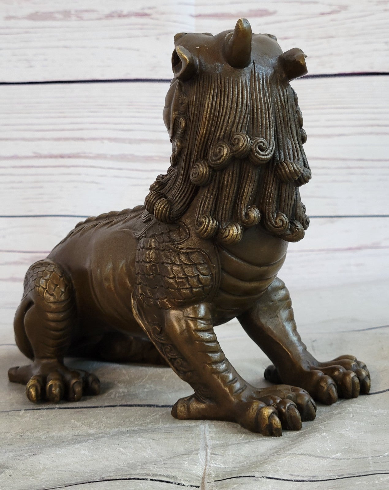 Exquisite Chinese Bronze Auspicious Lion Foo Dog Statue Signed Art