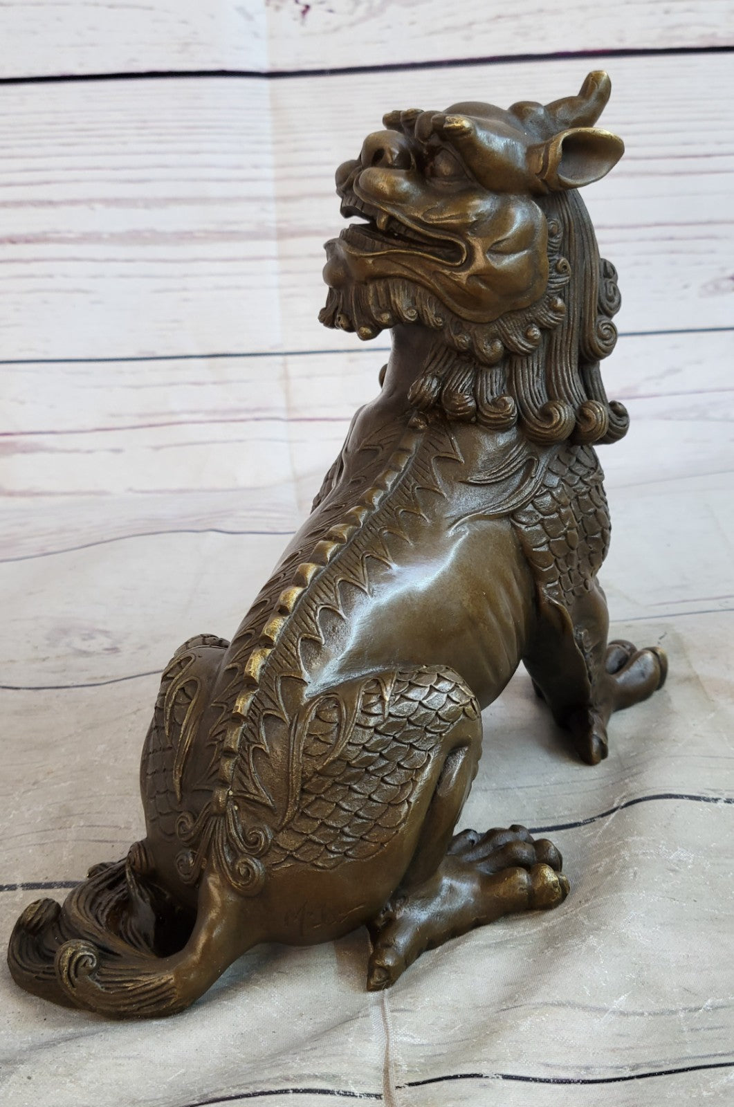 Exquisite Chinese Bronze Auspicious Lion Foo Dog Statue Signed Art