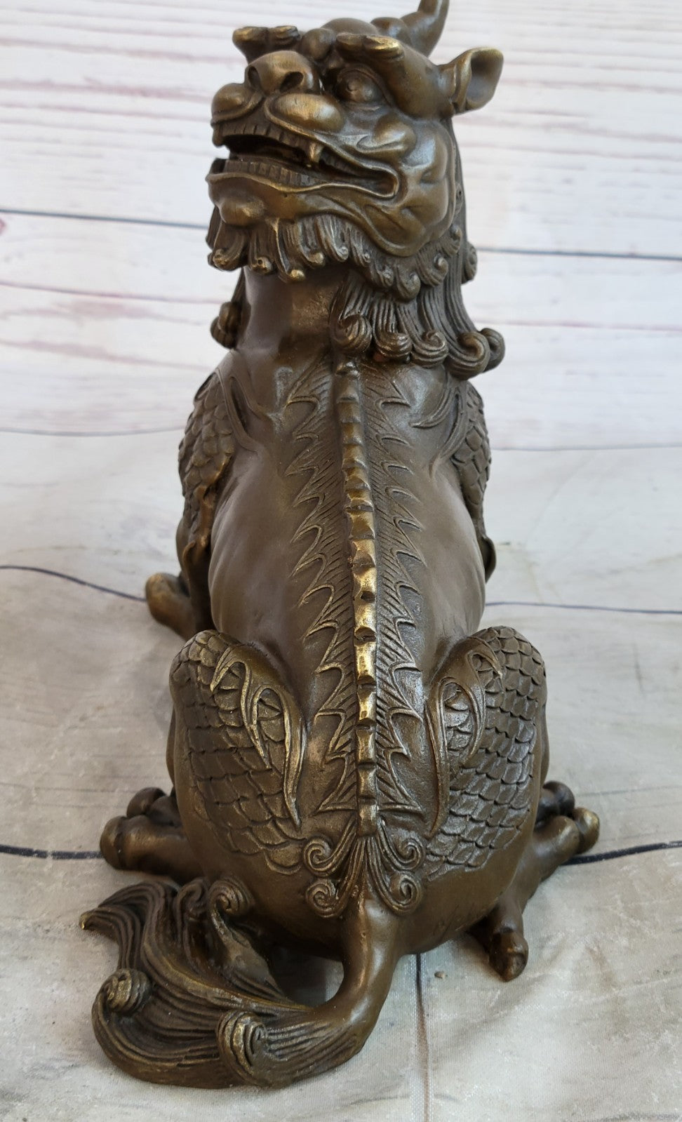 Exquisite Chinese Bronze Auspicious Lion Foo Dog Statue Signed Art