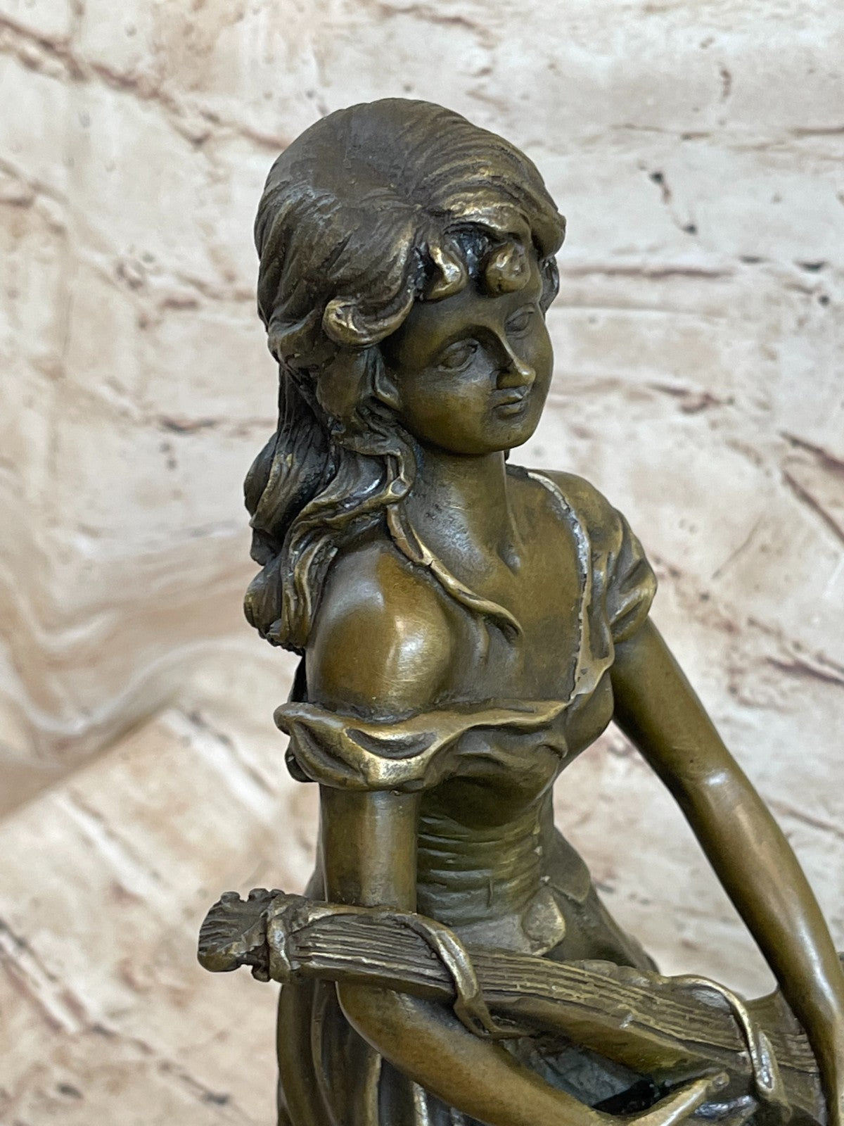 Vintage Art Nouveau Female Banjo Player Musician Music Lover Bronze Artwork