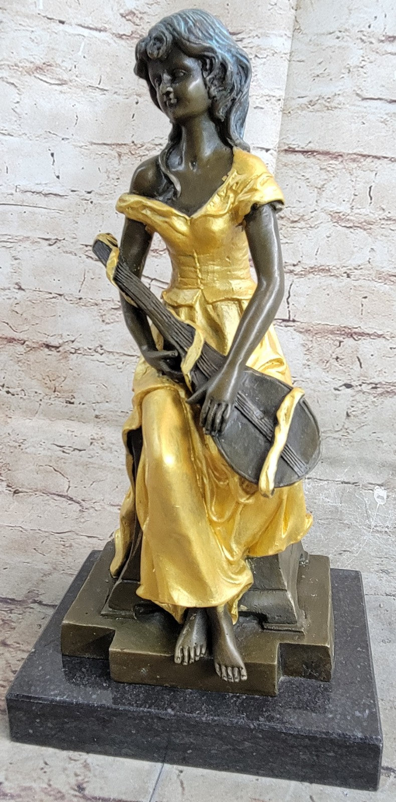 Female Banjo Player Genuine Solid Bronze Sculpture Marble Statue Figurine Sale