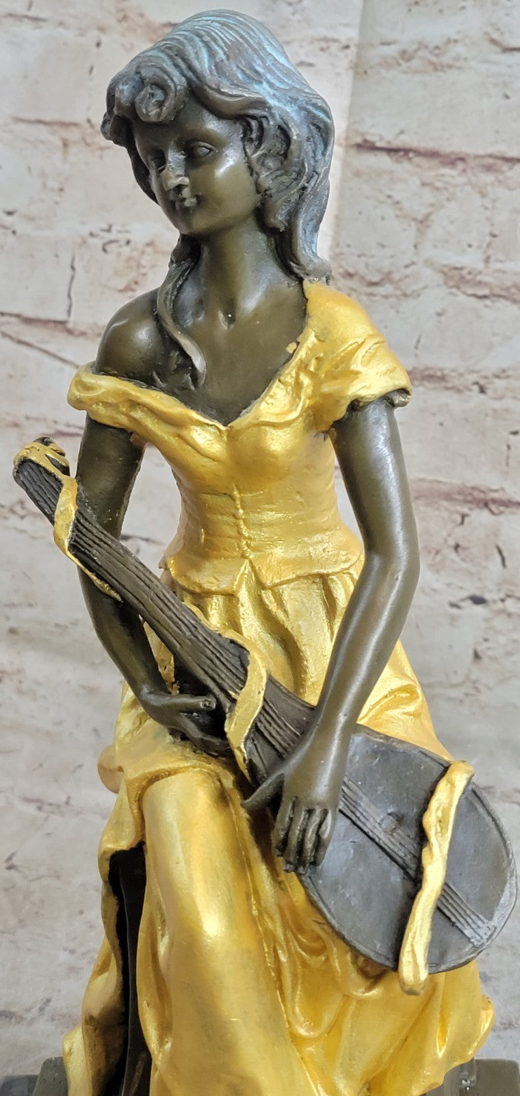 Female Banjo Player Genuine Solid Bronze Sculpture Marble Statue Figurine Sale