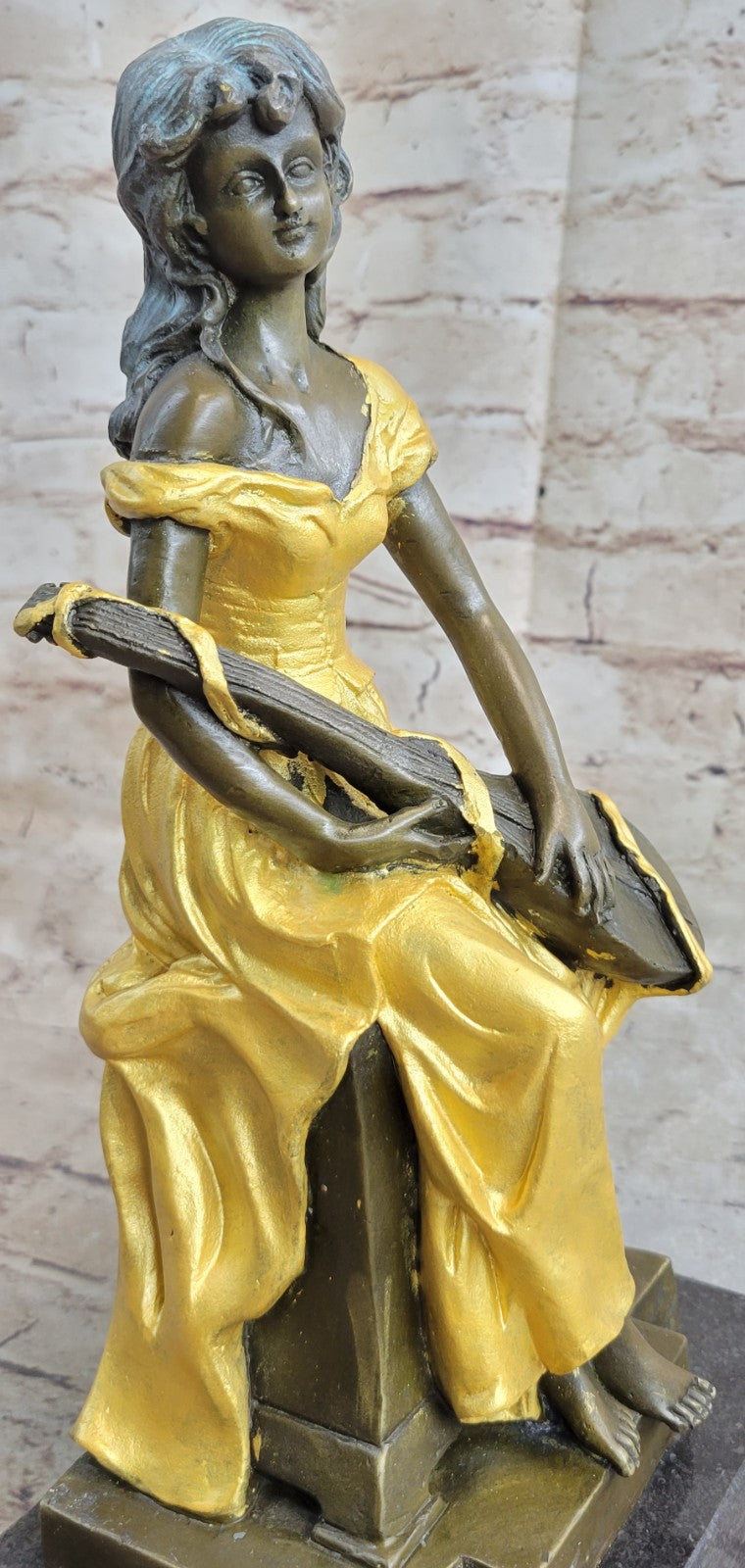 Female Banjo Player Genuine Solid Bronze Sculpture Marble Statue Figurine Sale