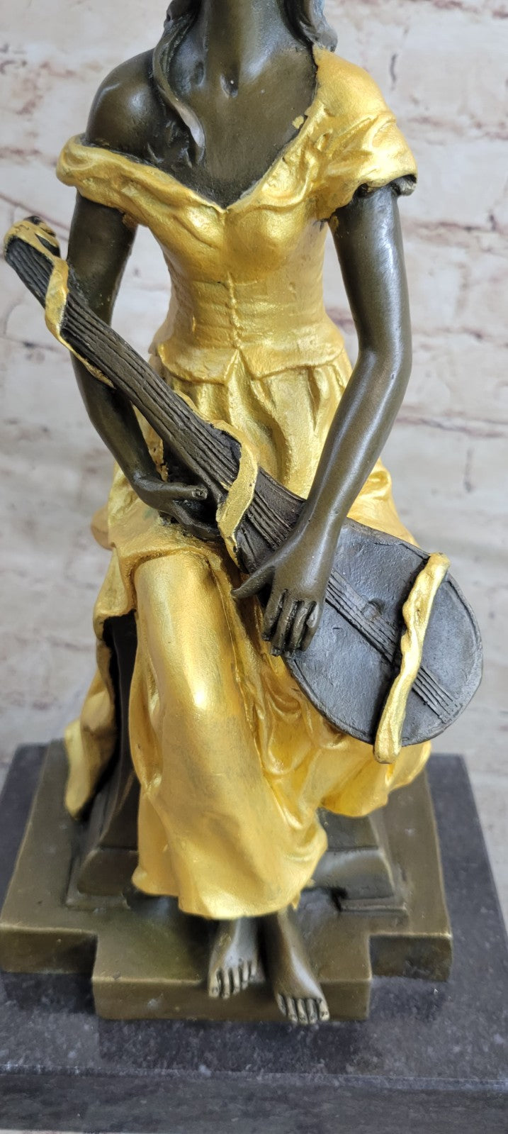 Female Banjo Player Genuine Solid Bronze Sculpture Marble Statue Figurine Sale