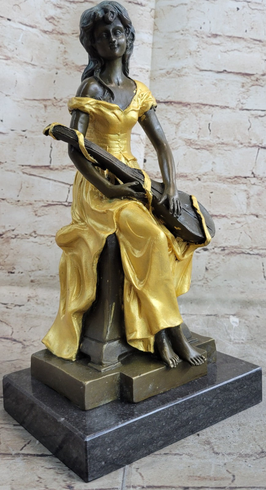 Female Banjo Player Genuine Solid Bronze Sculpture Marble Statue Figurine Sale