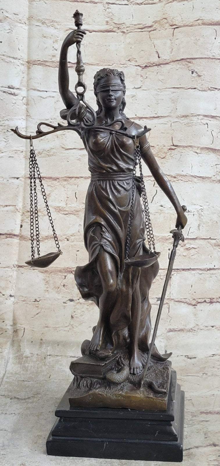 Real Bronze Statue with Marble Lady Blind Justice Scales Sculpture Artwork Sale