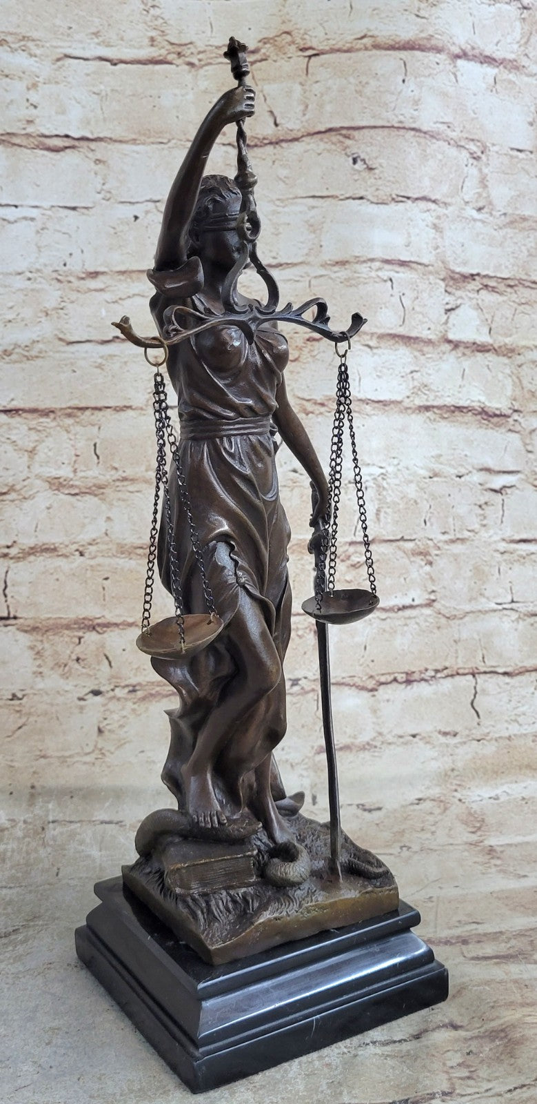 Real Bronze Statue with Marble Lady Blind Justice Scales Sculpture Artwork Sale