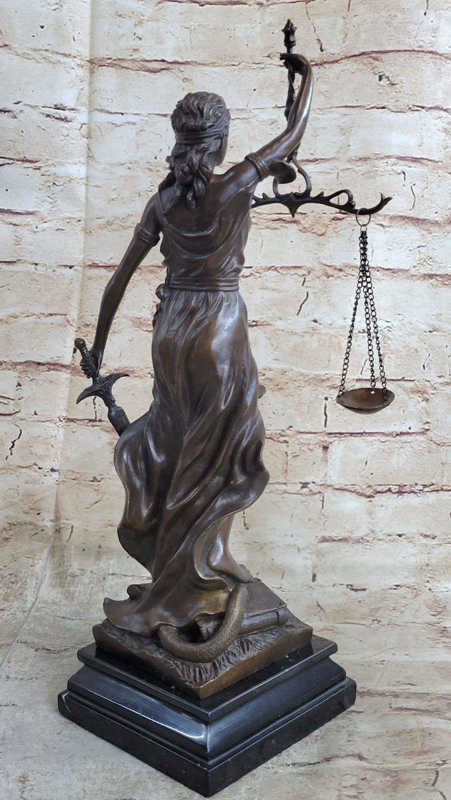 Real Bronze Statue with Marble Lady Blind Justice Scales Sculpture Artwork Sale