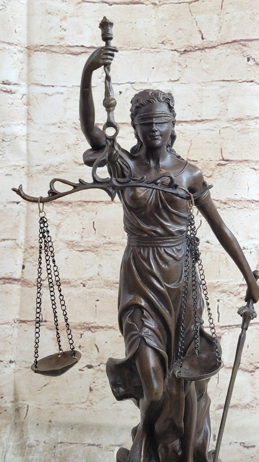 Real Bronze Statue with Marble Lady Blind Justice Scales Sculpture Artwork Sale