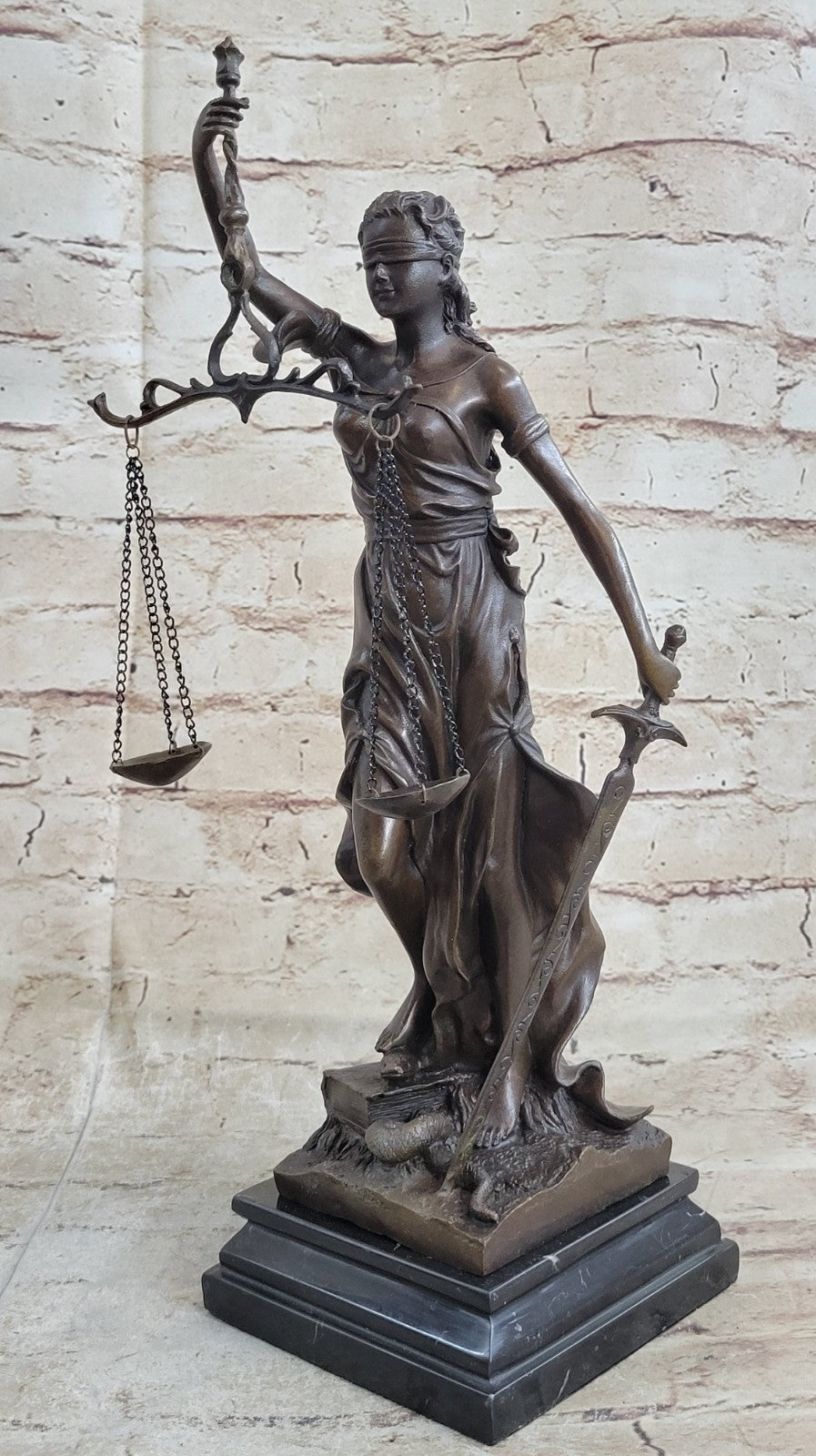 Real Bronze Statue with Marble Lady Blind Justice Scales Sculpture Artwork Sale