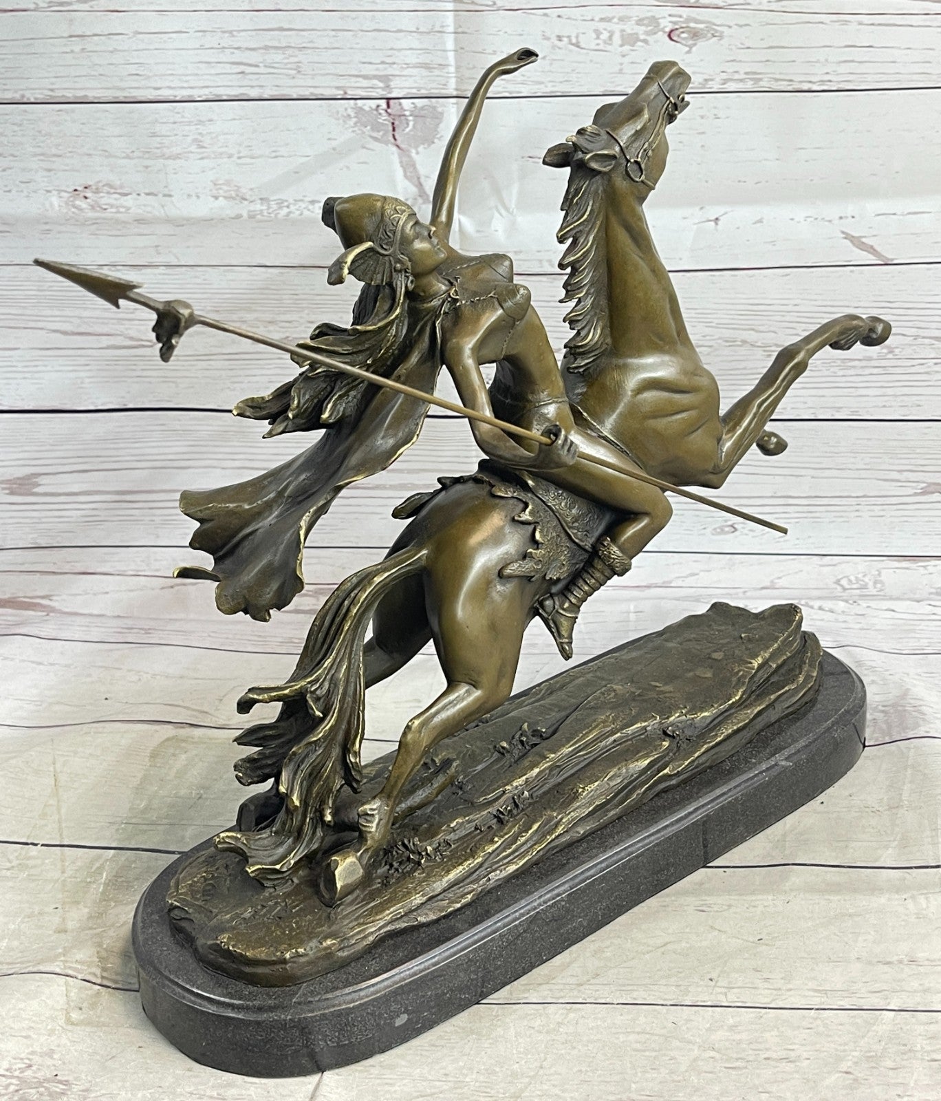 Art Decor Mythical Attacking Amazon Female Bronze Sculpture Marble Base Statue