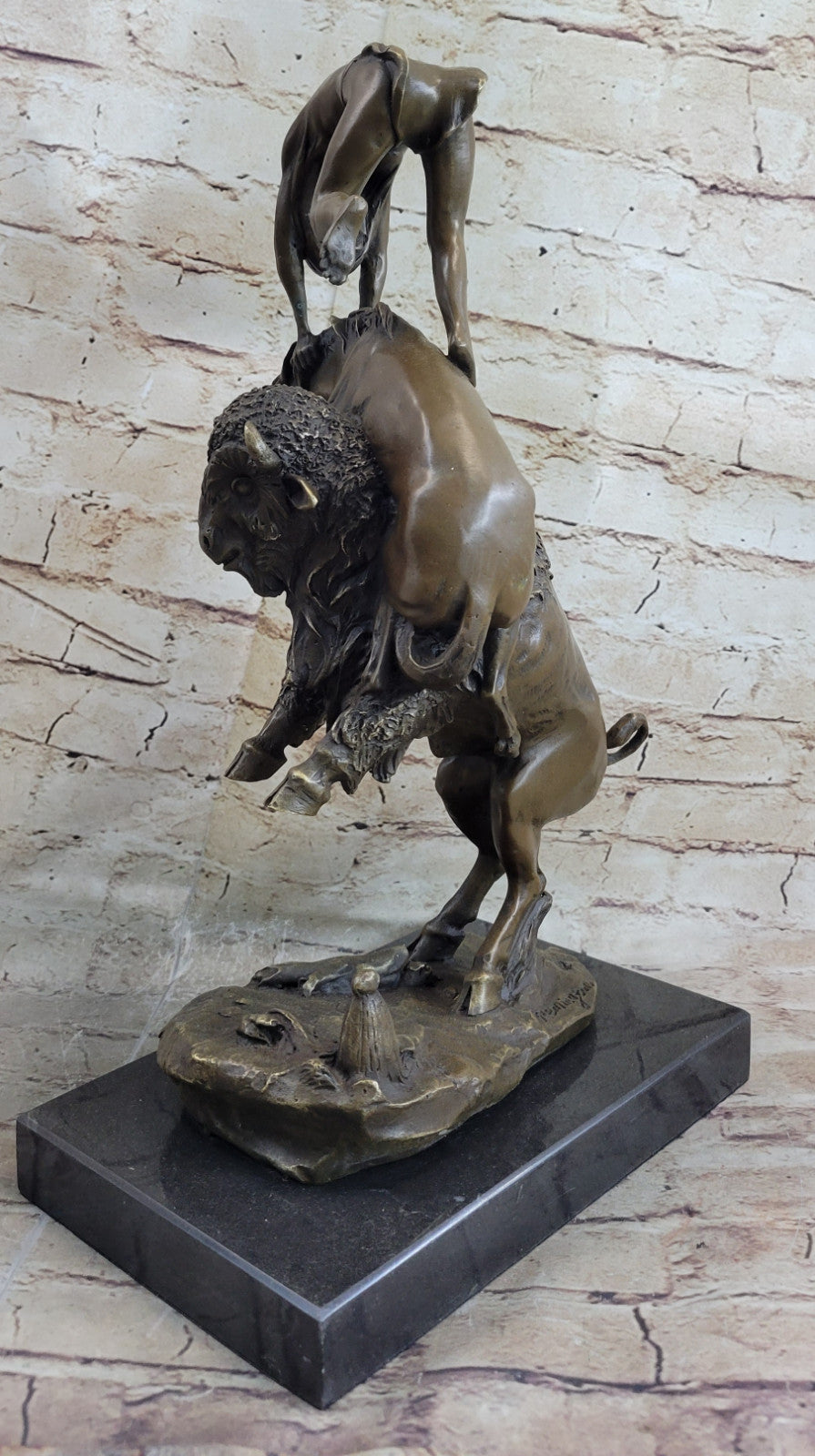 Signed Remington Indian Man Taming Horse and Buffalo Bronze Sculpture Marble Art