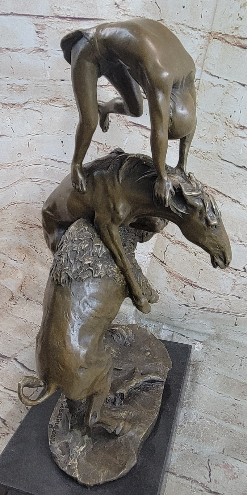 Signed Remington Indian Man Taming Horse and Buffalo Bronze Sculpture Marble Art