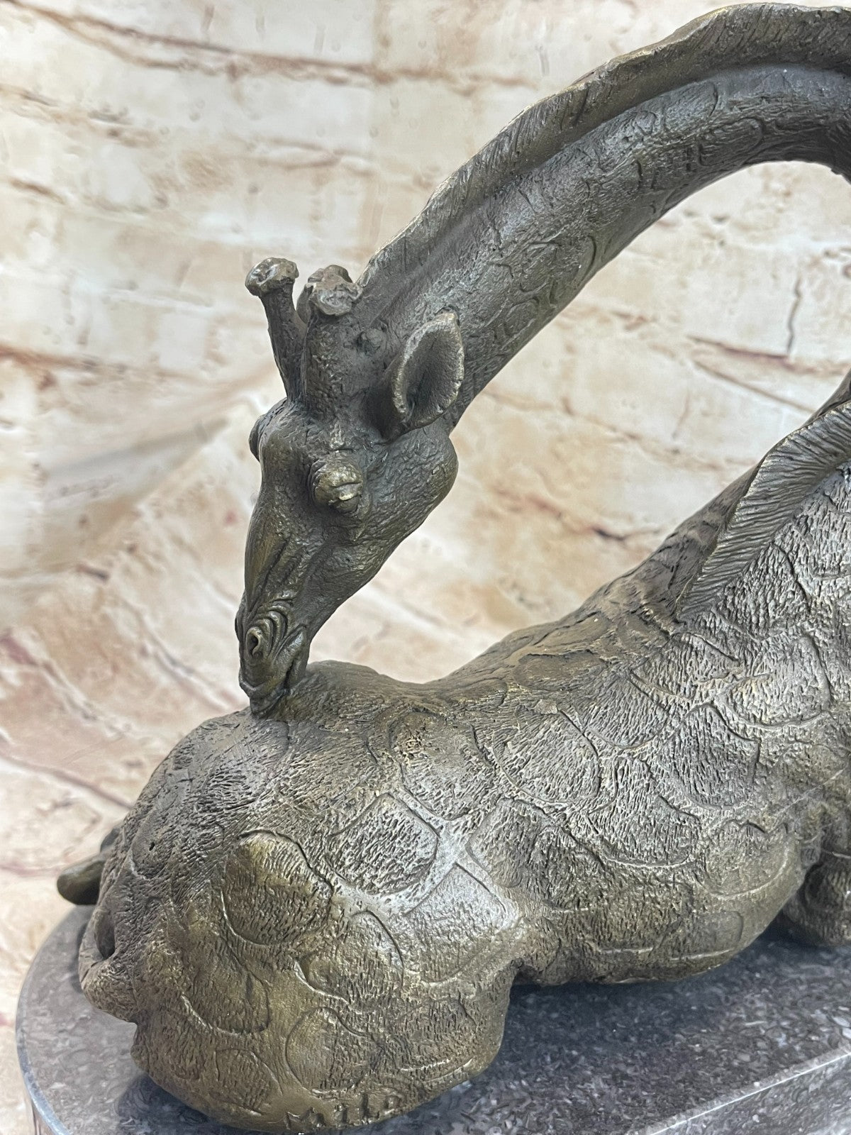 Original Signed African Graceful Giraffe Sitting Bronze Sculpture Marble Deco