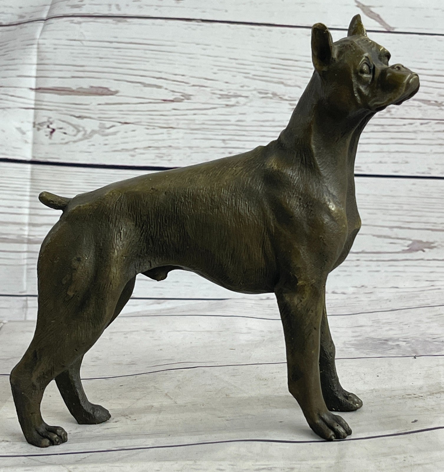 HANDSOME VINTAGE SIGNED MOIGNIEZ BRONZE BOXER DOG FIGURE STUDY w STONE BASE SALE