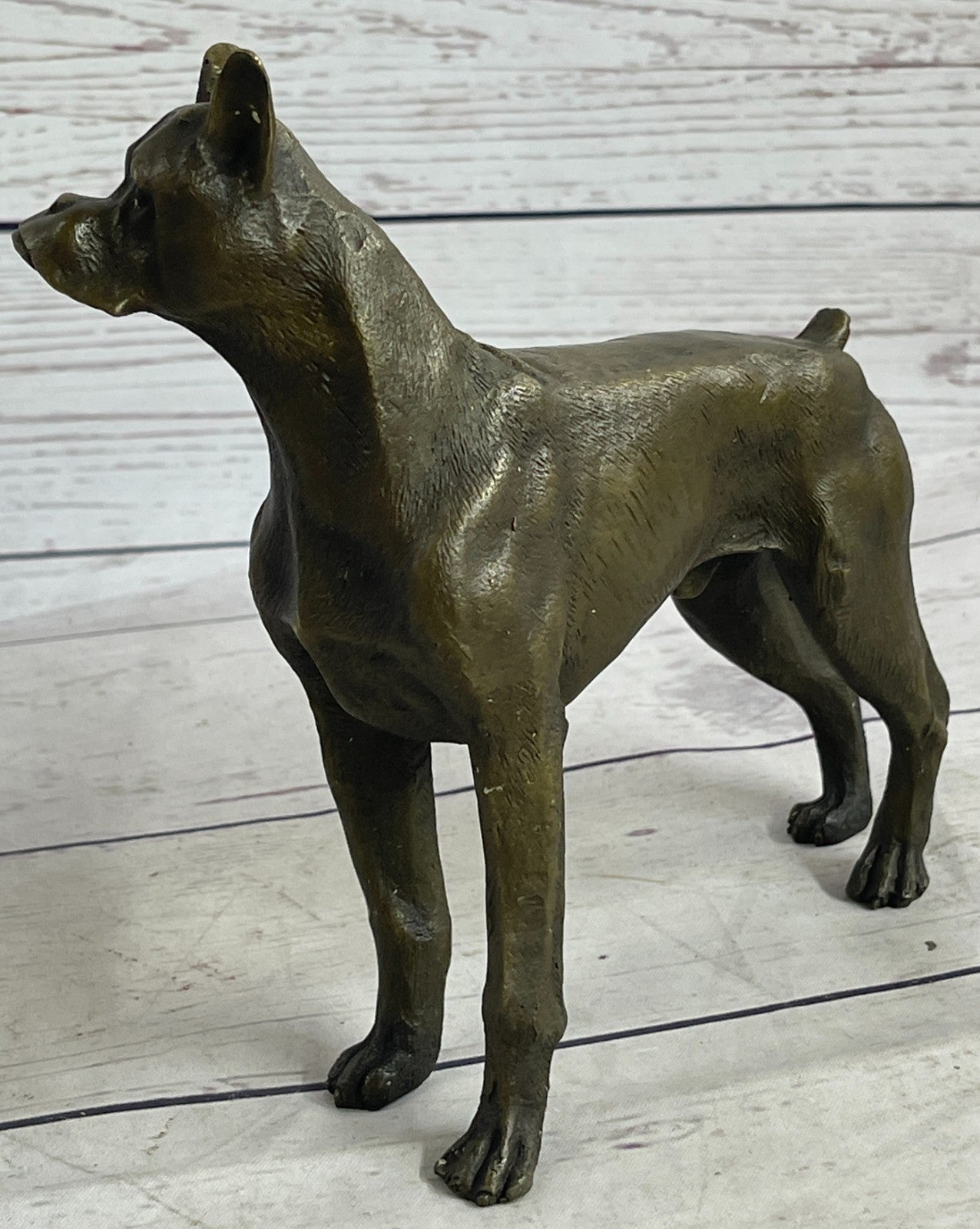 HANDSOME VINTAGE SIGNED MOIGNIEZ BRONZE BOXER DOG FIGURE STUDY w STONE BASE SALE