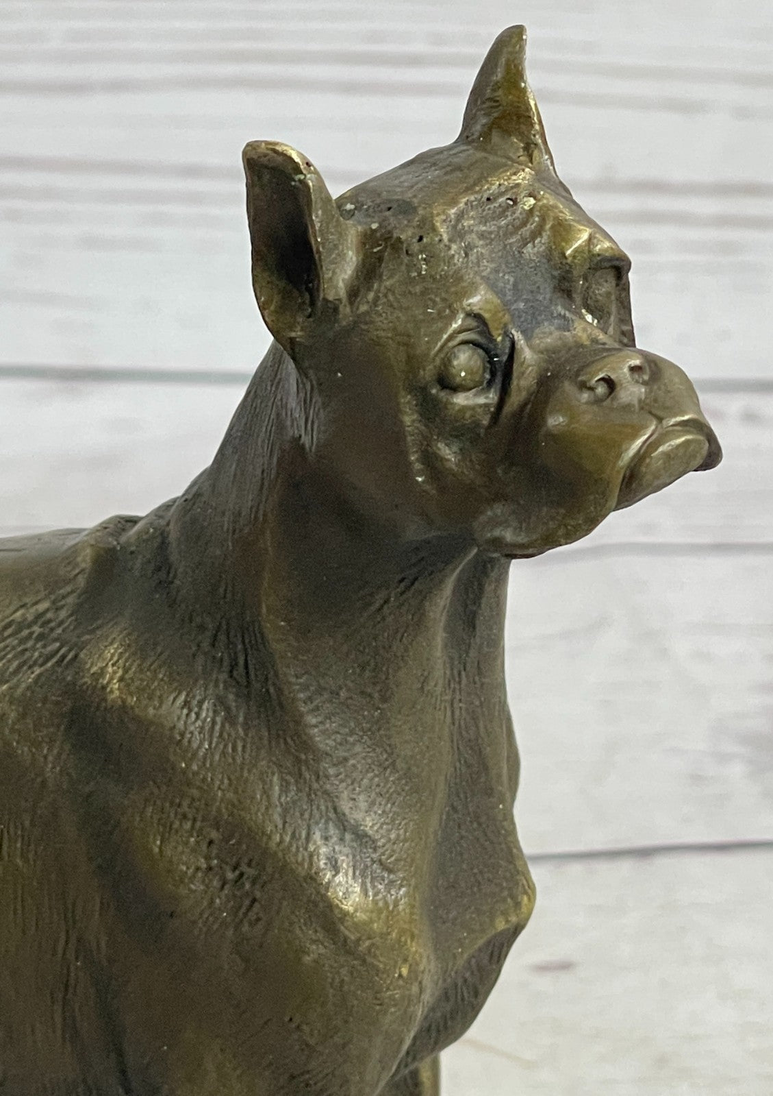 HANDSOME VINTAGE SIGNED MOIGNIEZ BRONZE BOXER DOG FIGURE STUDY w STONE BASE SALE